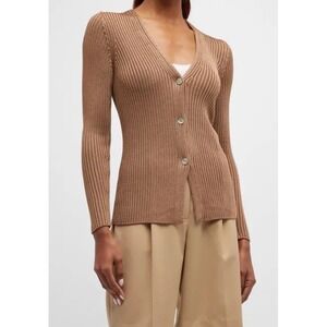 Vince. Women's Ribbed Knit Gold Cutaway Cardigan Button Front Long Sleeve Size M